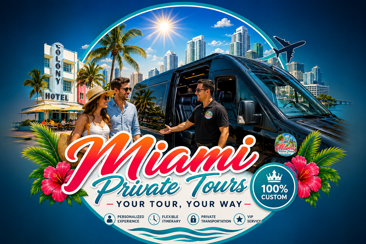 Miami Private Tour — chauffeur greeting couple beside a luxury Sprinter van with the Brickell skyline behind